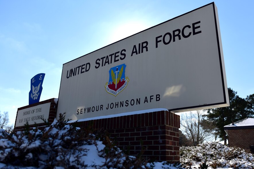 A welcome sign at the entrance to the base Jan. 4, 2018, at Seymour Johnson Air Force Base, North Carolina. The base is home to both the 4th Fighter Wing and the 916th Air Refueling Wing. (U.S. Air Force photo by Airman 1st Class Victoria Boyton)