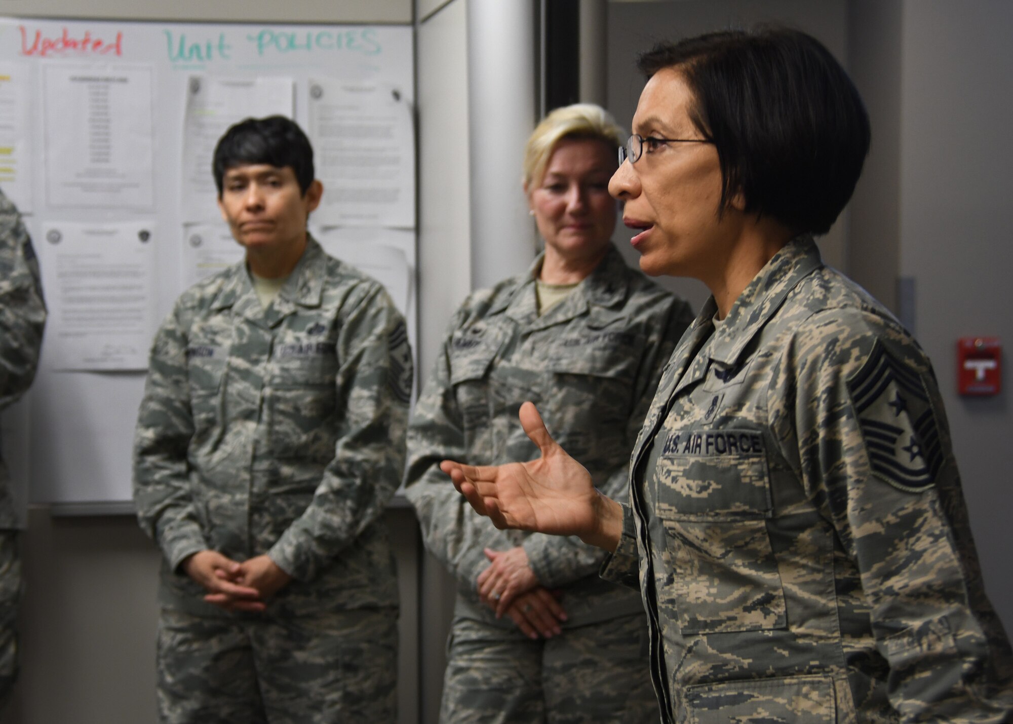 Chief Master Sgt. Ericka Kelly, Air Force Reserve Command command chief master sergeant, speaks to the 94th Aeromedical Staging Squadron at Dobbins Air Reserve Base, Ga, Jan. 7, 2018. Kelly visited Dobbins to tour the base and visit the units, as well as host question and answer sessions. (U.S. Air Force photo by Staff Sergeant Miles Wilson)