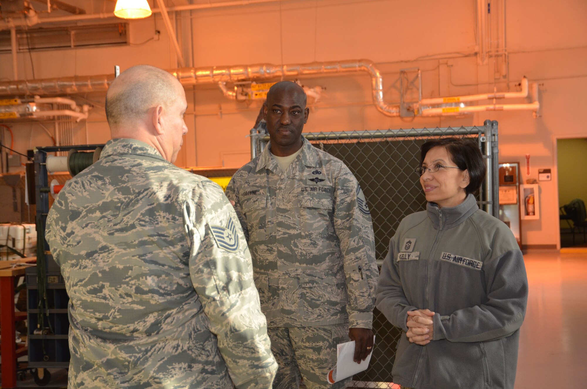 Chief Master Sgt. Ericka Kelly, Air Force Reserve Command command chief master sergeant, speaks to aerial porters at Dobbins Air Reserve Base, Ga, Jan. 6, 2018. Kelly visited Dobbins to tour the base and visit the units, as well as host question and answer sessions. (U.S. Air Force photo by Senior Airman Lauren Douglas)