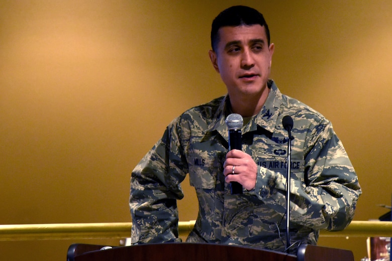 U.S. Air Force Col. Ricky Mills, 17th Training Wing commander, speaks during the ribbon cutting ceremony at the Western Winds Dining Facility on Goodfellow Air Force Base, Texas, Jan. 8, 2018. Mills spoke on how having dining facilities with heathier choices for all customers will help relationships and Airman quality of life. (U.S. Air Force photo by Airman 1st Class Seraiah Hines/Released)