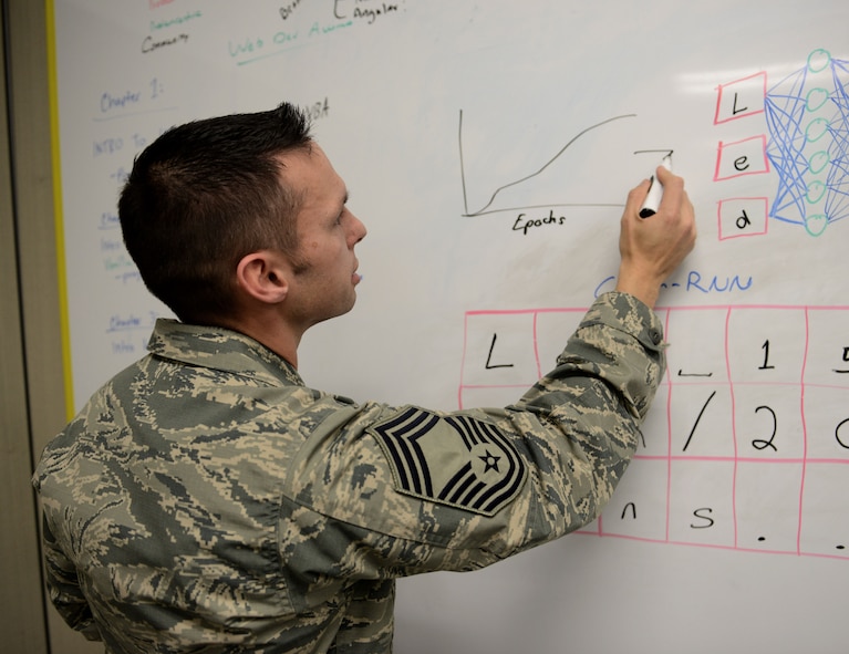 Chief Master Sgt. Ian Eishen, 9th Intelligence Squadron superintendent, illustrates a coding concept in the 548th Intelligence, Surveillance and Reconnaissance Group Innovation Lab at Beale Air Force Base, California, Jan. 3, 2018. The Innovation Lab allows Airmen a creative space to experiment with computer coding, artificial intelligence, virtual reality and 3D printing technology.
