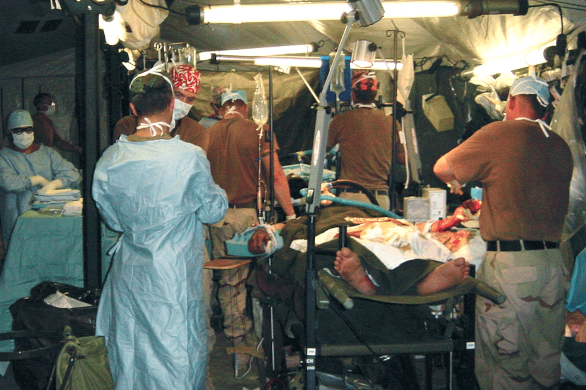 Medical personnel respond to a mass casualty event during Operation Desert Storm.