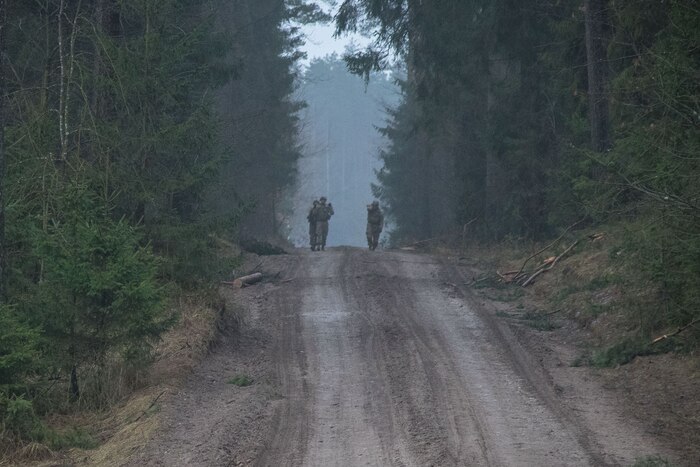 Soldiers walk along a dirt trail in the woods.