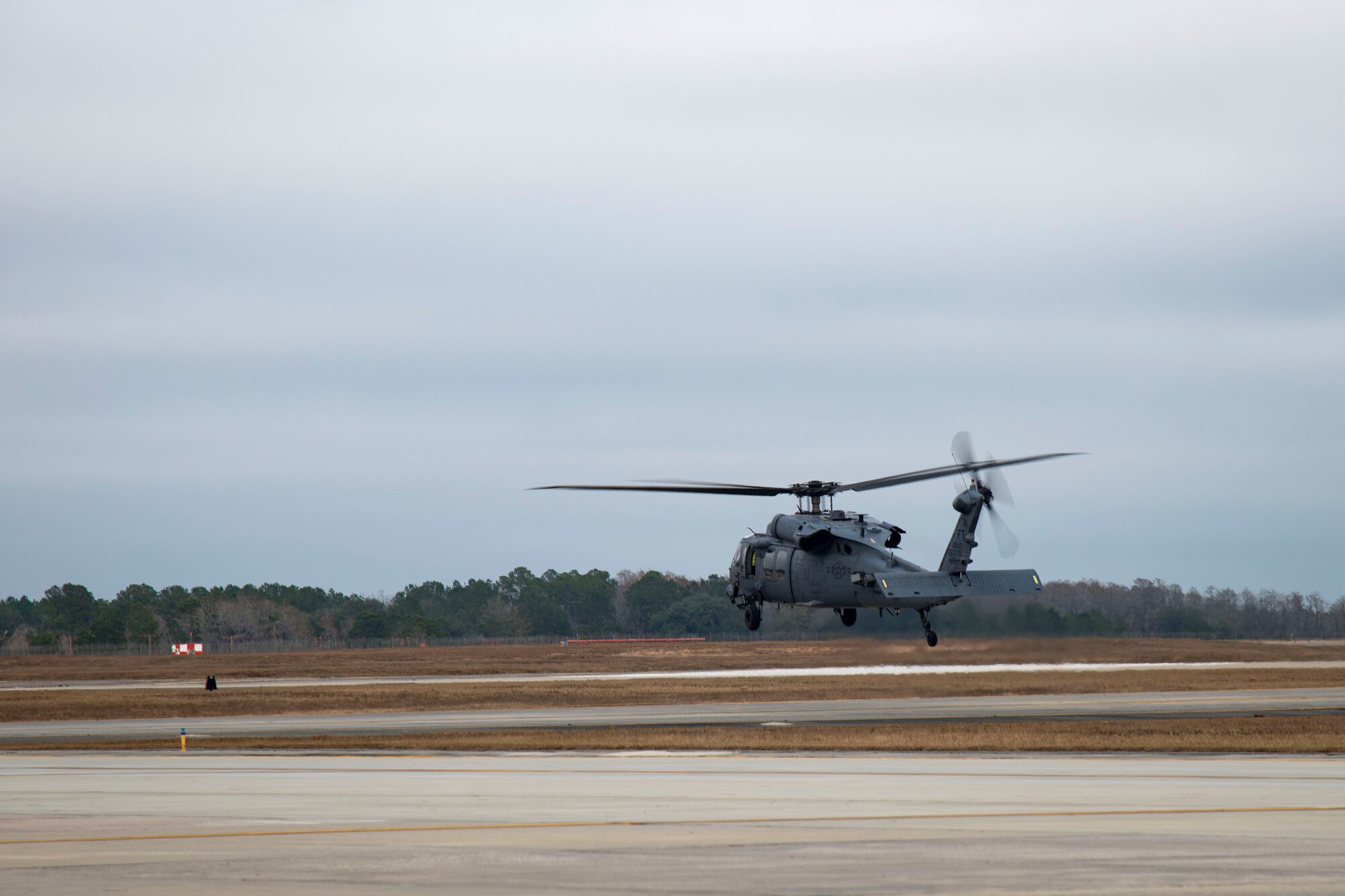 An HH-60G Pave Hawk takes off, Jan. 9, 2018, at Moody Air Force Base, Ga. The 41st Helicopter Maintenance Unit keeps Pave Hawks operationally ready by performing inspections and repairs on various components of the helicopter. Those efforts are critical in facilitating the mission of the 41st Rescue Squadron at Moody. (U.S. Air Force photo by Airman 1st Class Erick Requadt)