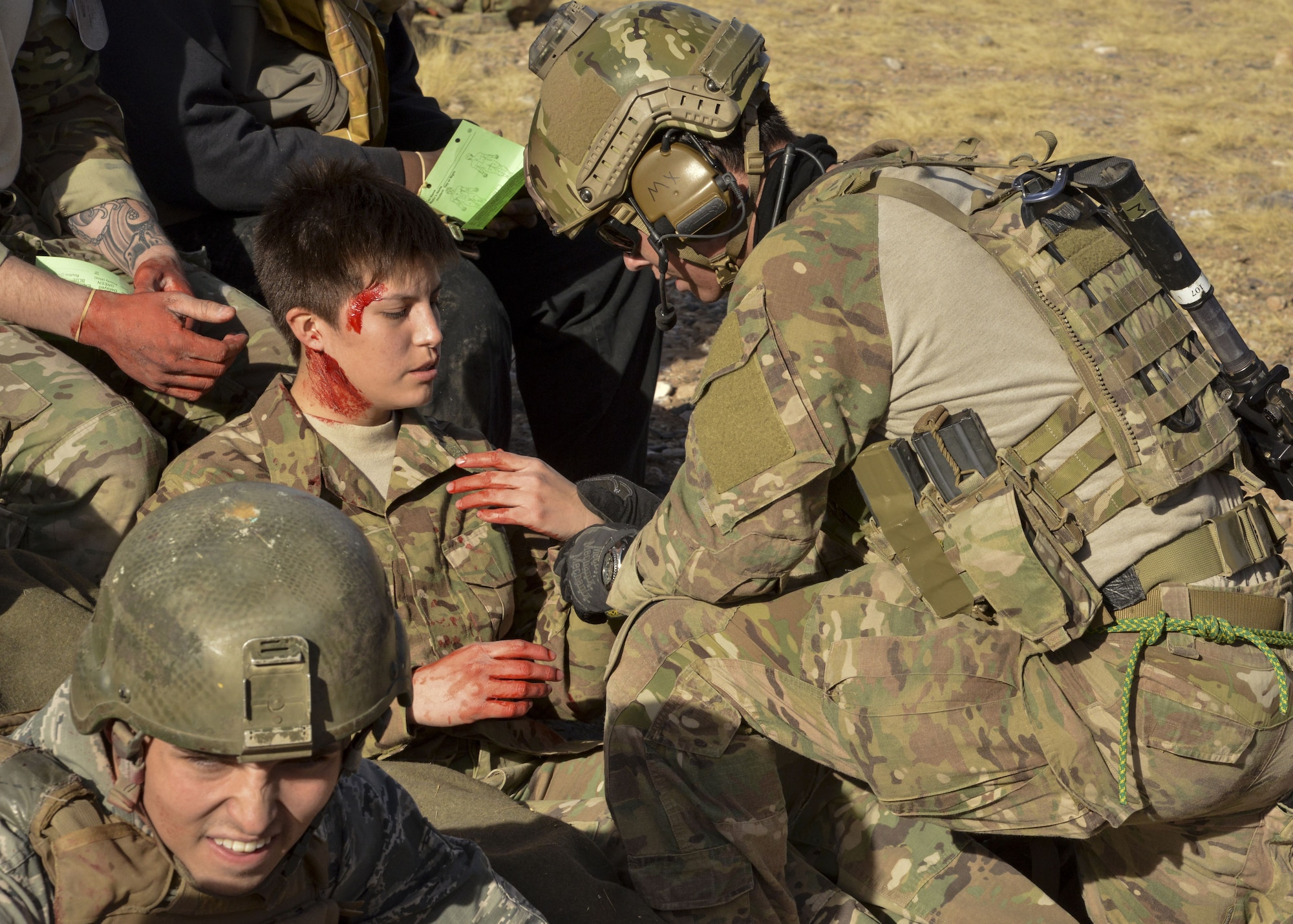 Students from the 351st Battlefield Airmen Training Squadron triage patients during a mass casualty exercise at Kirtland Air Force Base, N.M., Jan. 6. The exercise, part of a sequence of full mission profiles pararescuemen and combat rescue officer students must face before graduation, including more than 100 Airmen and Soldiers. Members of the 3-501st Air Assault Brigade from Fort Bliss, Texas, provided the air component with UH-60 Blackhawk helicopters.