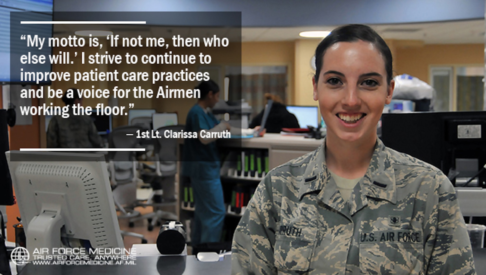 First Lt. Clarissa Carruth, 81st Inpatient Operation Squadron clinical nurse, pauses for a photo at Keesler Air Force Base, Miss., April 5, 2017. Carruth implemented a new communication tool, Ticket to Ride, and created a unit advisory council where Airmen have a voice and can feel comfortable expressing their ideas and concerns during her time at the 81st Medical Group.
 (U.S. Air Force photo by Senior Airman Jenay Randolph)
