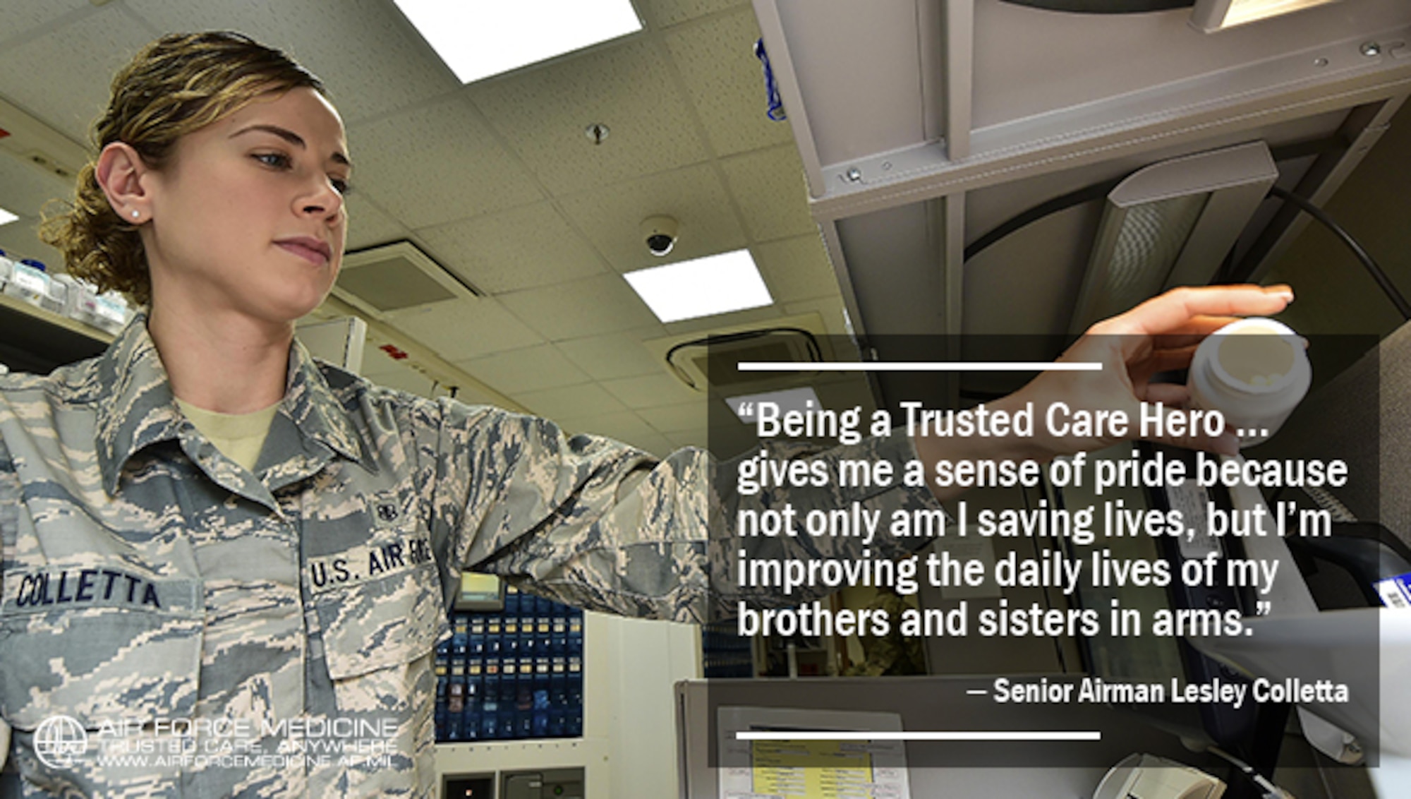 U.S. Air Force Senior Airman Lesley Colletta, 86th Medical Squadron pharmacy technician, pours medicine into a pill counter at Landstuhl Regional Medical Center, Ramstein Air Base, Germany, July 13, 2017. Colletta’s efforts as a pharmacy technician saved the life of an infant earlier this year after she recognized a medical error and spoke up about a wrong dosing of the medication. Air Force Medical Service recognized Colletta as a Trusted Care Hero. (U.S. Air Force photo by Staff Sgt. Jonathan Bass)