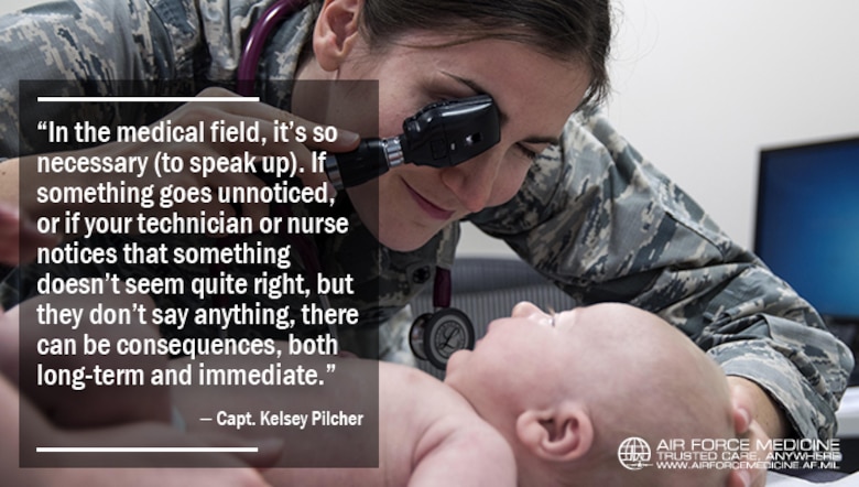 Capt. Kelsey Pilcher, 48th Medical Group pediatric nurse practitioner, performs a check‐up on a newborn at Royal Air Force Lakenheath, England, Oct. 24, 2017. Recently, during a check‐up with one of her patients, Pilcher spoke up when she noticed that the lab test results differed from what she observed during her examination. Pilcher’s actions exemplified one of the nine principles of trusted care emphasized by the Air Force—the duty to speak up. (U.S. Air Force photo by Senior Airman Malcolm Mayfield)