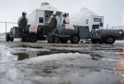 U.S. Air Force Airmen assigned to the 673d Logistics Readiness Squadron fuels facilities section prepare to fill 50-gallon liquid oxygen carts at Joint Base Elmendorf-Richardson, Alaska, Dec. 4, 2017. Oxygen is pressurized and cooled into a liquid state in order to transport it more efficiently from cryogenic tanks to JBER’s aircraft to provide fresh air to pilots in flight.