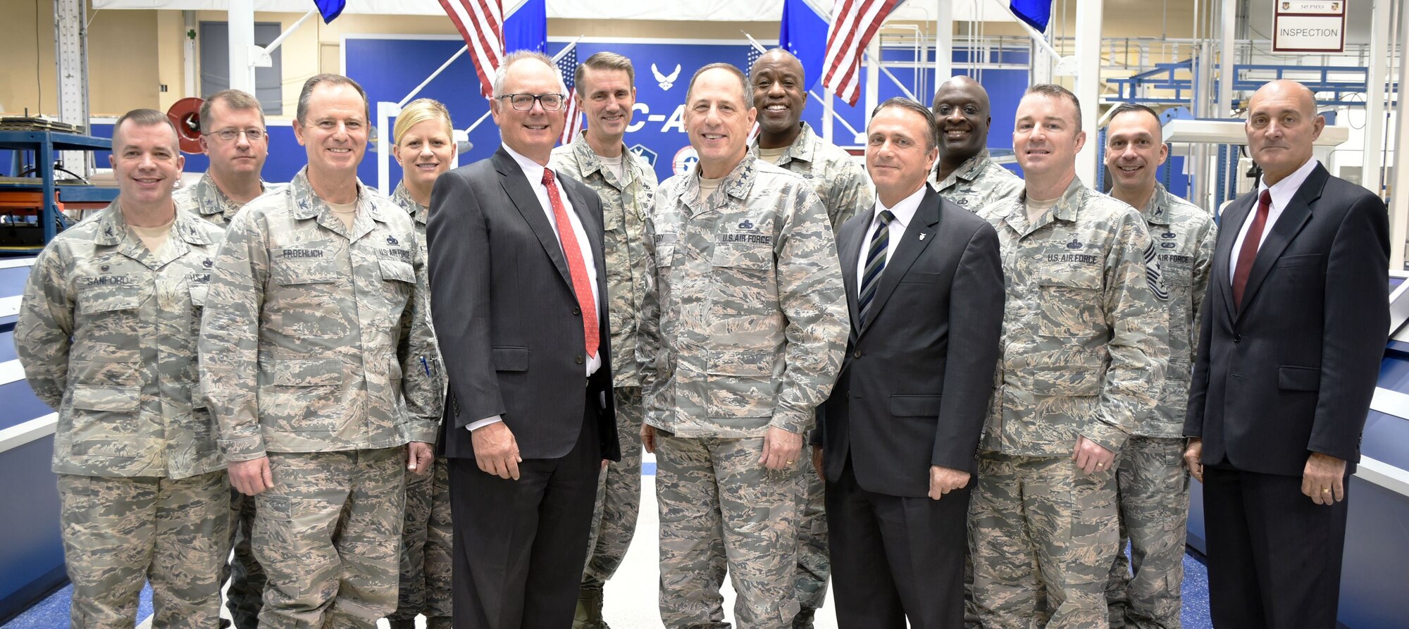 Commanders from across the Air Force Sustainment Center spent Jan. 9 and 10 at Tinker Air Force Base, Okla., at the 2018 AFSC Commander’s Summit. During the two-day event, the group discussed several topics concerning AFSC such as manpower and hiring, budget execution and energy savings. Pictured are, from left, Col. David Sanford, 635th Supply Chain Operations Wing commander; Brig. Gen. John Kubinec, Warner Robins Air Logistics Complex commander; Col. Eric Froehlich, AFSC vice commander; Col. Jennifer Hammerstedt, 75th Air Base Wing commander; retired Lt. Gen. Bob Allardice; Brig. Gen. Tom Miller, Oklahoma City Air Logistics Complex commander; Lt. Gen. Lee K. Levy II, AFSC commander; Brig. Gen. Stacey Hawkins, Ogden Air Logistics Complex commander; Mr. Kevin Stamey, AFSC executive director; Col. Thomas Brown, 72nd Air Base Wing vice commander; Chief Master Sgt. Gary Sharp, AFSC command chief; Col. Lyle Drew, 78th Air Base Wing commander; and Mr. Dennis D’Angelo, 448th Supply Chain Management Wing director. (Air Force photo by April McDonald)