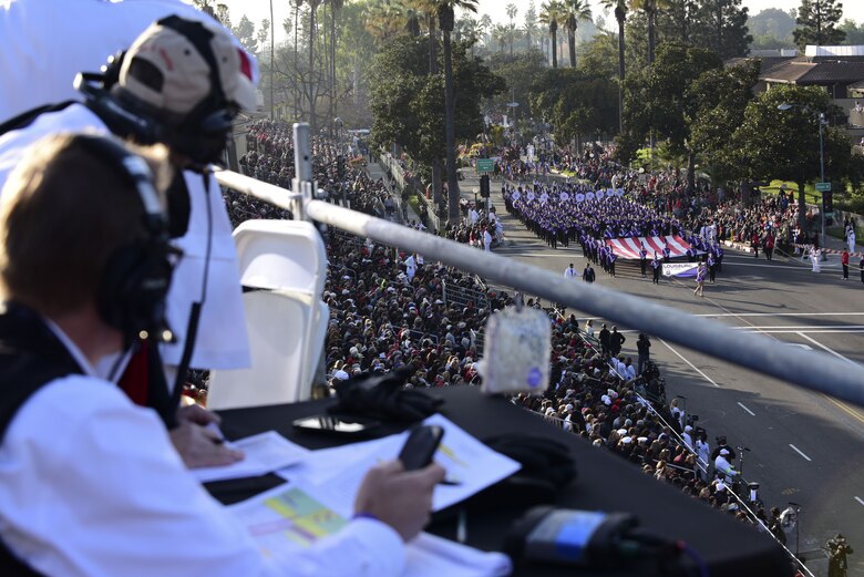 Parade coordinators keep track of the 2018 Rose Parade progress at Pasadena, Calif., Jan. 1, 2018. The 2018 Rose Parade theme was Making a Difference, which celebrated all the people in community who quietly, and without desire for award, act in selfless, generous ways to aid others. (U.S. Air Force photo by Staff Sgt. Danielle Quilla)
