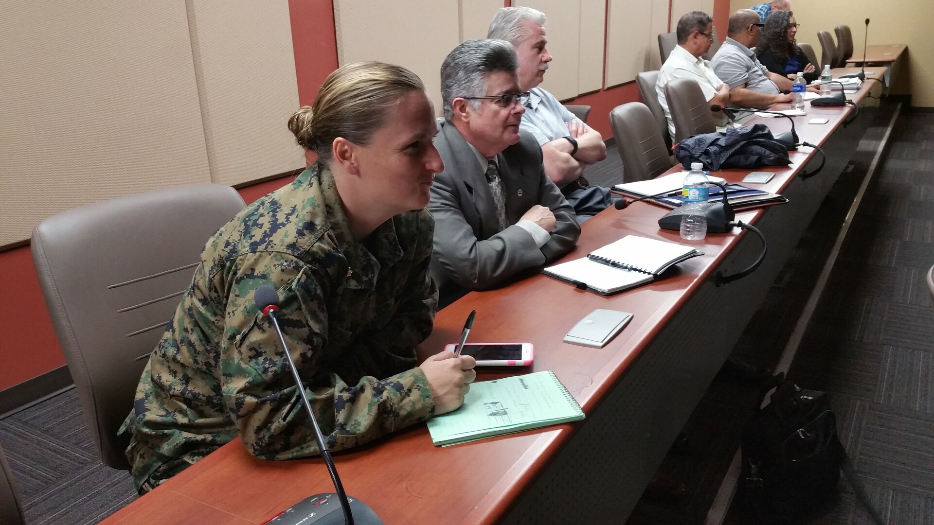 From left: Marine Corps Reserve Maj. Jamie Fleischhacker and Rogelio (Roy) Diaz, DLA liaison officer for USSOUTHCOM take part in the final planning conference for Integrated Advance 17 exercise at U.S. Southern Command headquarters.