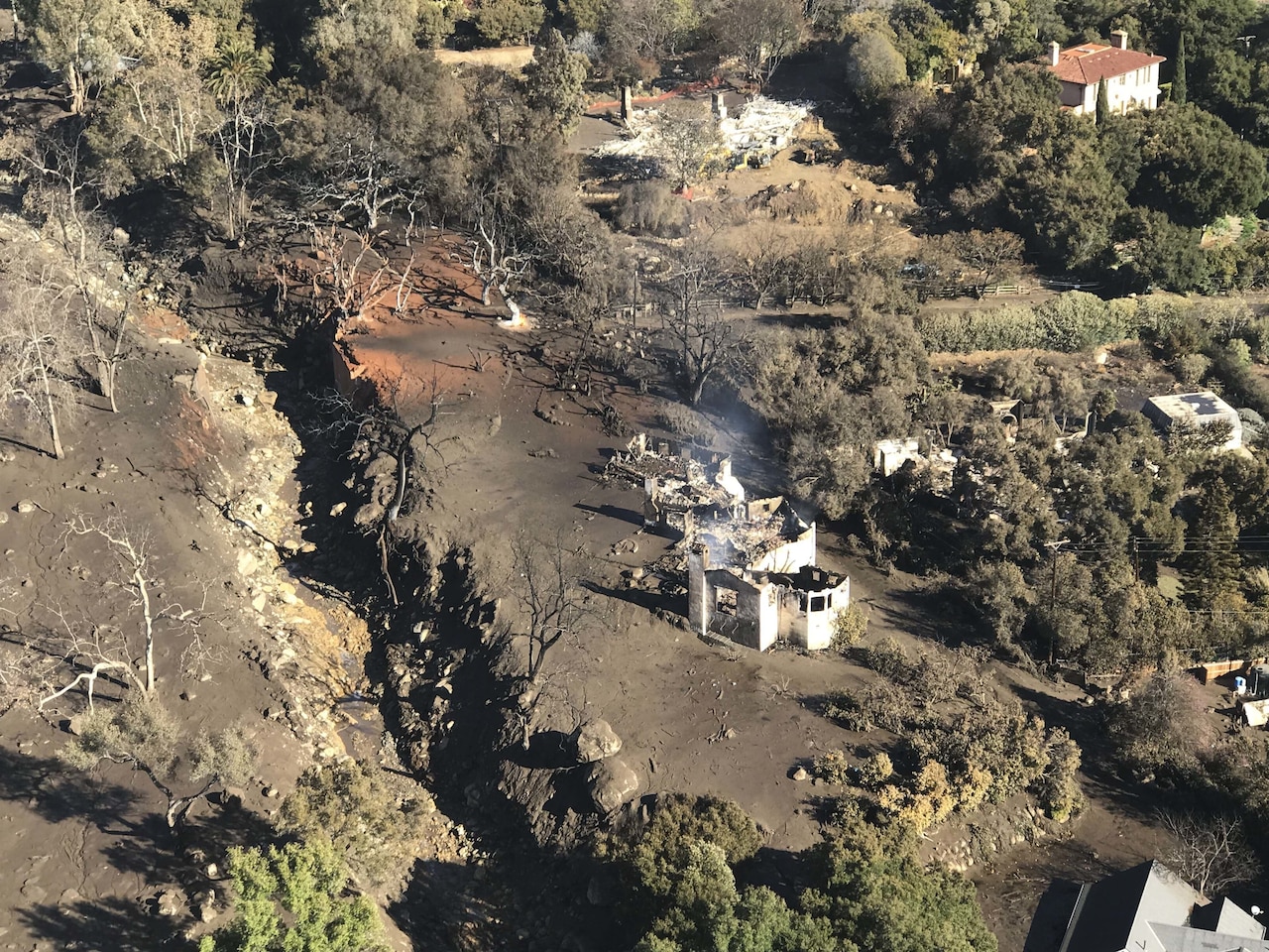 Aerial view of California mudslide area shot from an Air National Guard helicopter performing search and rescue operations.
