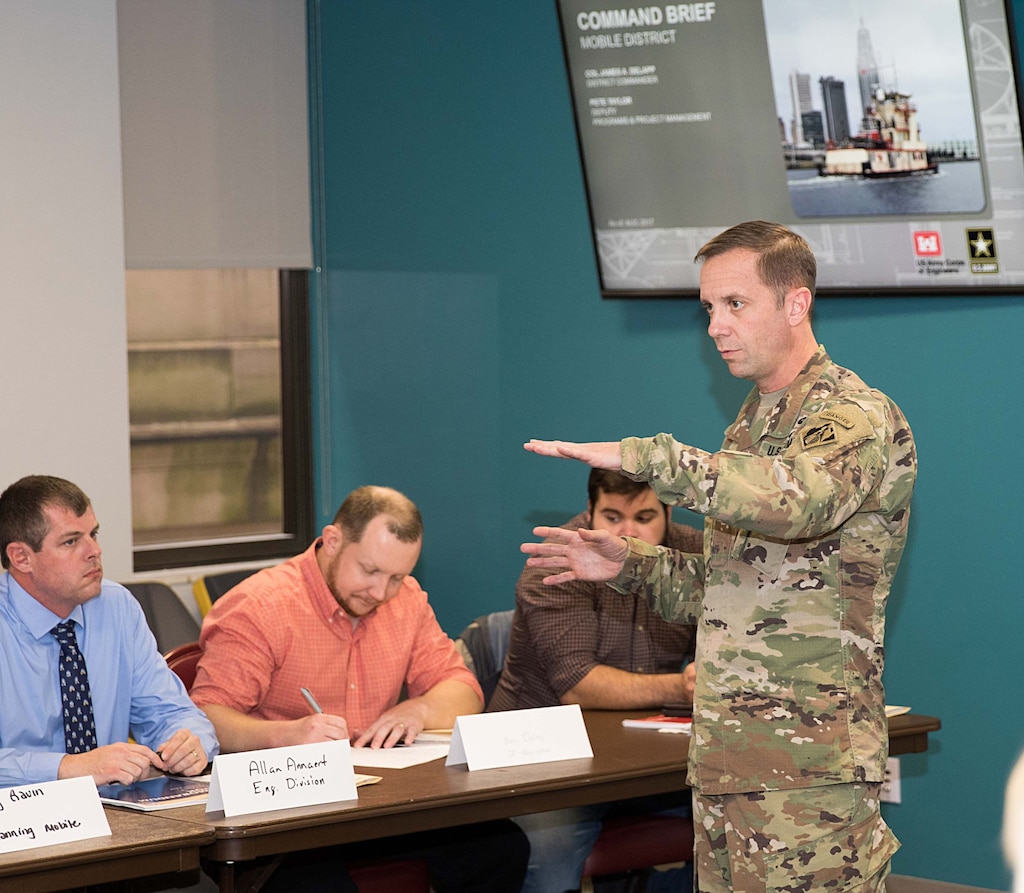 U.S. Army Corps of Engineers, Mobile District Commander Col. James DeLapp briefs employees during the 2018 Leadership Development Program, Jan. 8. The annual in-house leadership development program provides the district with a great way to develop tomorrow’s leaders, while preparing employees to succeed at the next level.