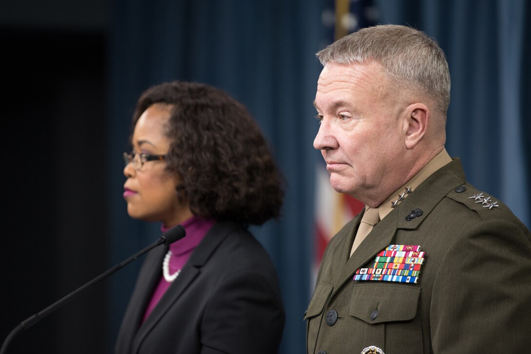Dana White, the assistant to the secretary of defense for public affairs, and Lt. Gen. Kenneth F. McKenzie, the Joint Staff director, brief the press at the Pentagon.