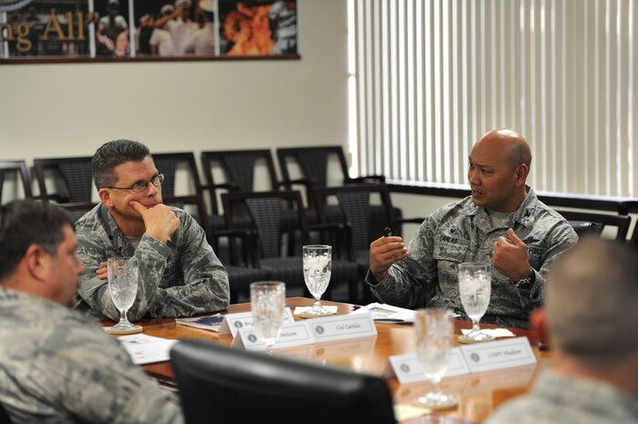 U.S. Air Force Col. Jimmy Canlas, 437th Airlift Wing commander, right, provides a mission brief about 437th Air Wing accomplishments and capabilities to Brig. Gen. Steven J. Bleymaier, director of logistics, engineering and force protection, Headquarters Air Mobility Command, Scott Air Force Base, Ill at Joint Base Charleston, Jan. 9, 2018. Bleymaier visited JB Charleston to get a better understanding of joint operational capabilities and to meet with services members.