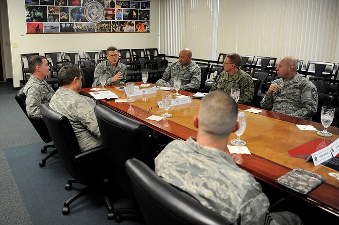 U.S. Air Force Brig. Gen. Steven J. Bleymaier, director of logistics, engineering and force protection, Headquarters Air Mobility Command, Scott Air Force Base, Ill asks a question of Joint Base Charleston leadership here, Jan. 9, 2018. Bleymaier visited JB Charleston to get a better understanding of joint operational capabilities and to meet with services members.
