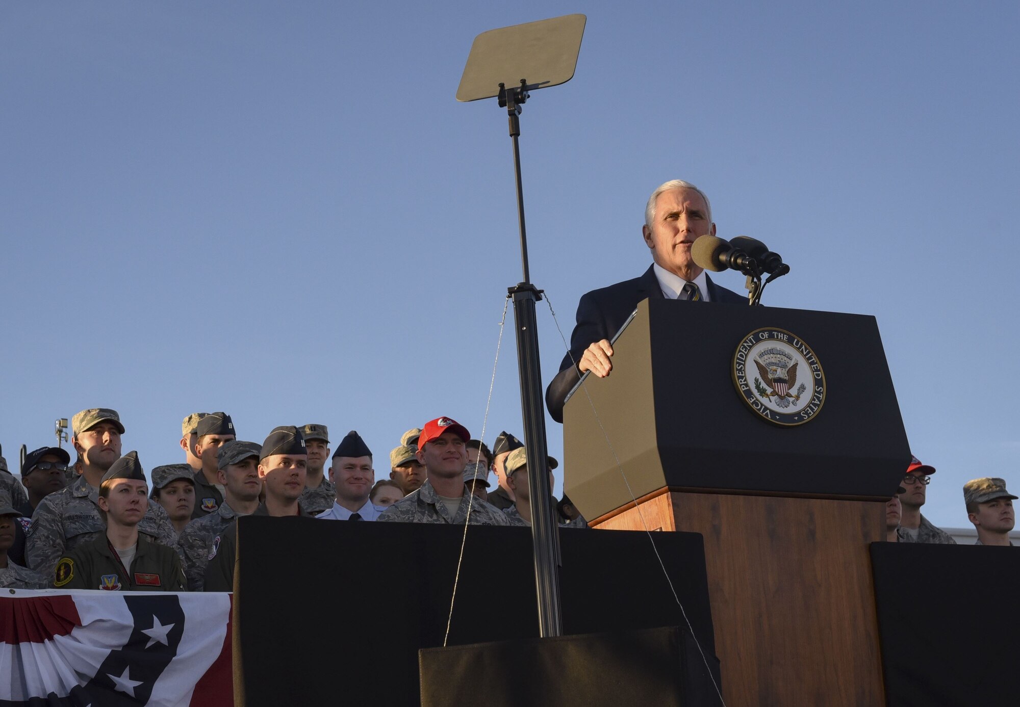 Vice President Mike Pence addresses Airmen during his visit to Nellis Air Force Base, Nevada, Jan. 11, 2018. During his speech, Pence lauded the U.S. Air Force Warfare Center for its rigorous and realistic training via the U.S. Air Force Weapons School and Nevada Test and Training Range. (U.S. Air Force photo by Airman 1st Class Andrew Sarver)