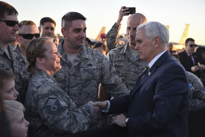 Vice President Mike Pence shakes hands with Airmen during his visit to Nellis Air Force Base, Nevada, Jan. 11, 2018. Nellis is Air Combat Command’s largest base and home to the U.S. Thunderbirds. (U.S. Air Force photo by Airman 1st Class Andrew Sarver)