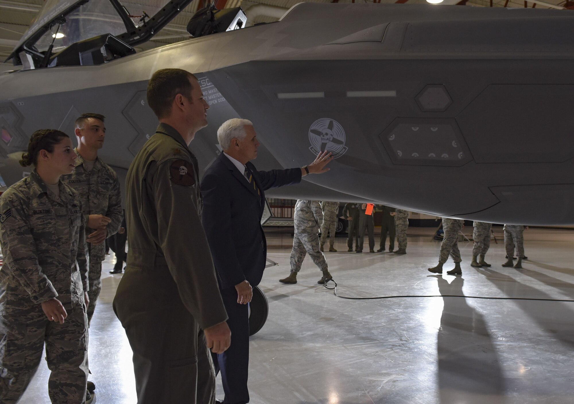 Vice President Mike Pence gets a firsthand look at the F-35 Lightning II fighter jet in the Thunderbirds Hangar at Nellis Air Force Base, Nevada, Jan. 11, 2018.  Nellis AFB provides the tools and tactical training to prepare today’s Airmen to react within seconds during real world operations and meet the need for air superiority. (U.S. Air Force photo by Airman 1st Class Andrew Sarver)