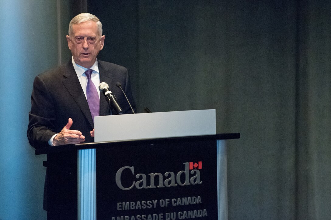 Defense Secretary James N. Mattis stands behind a podium while speaking in Washington D.C.