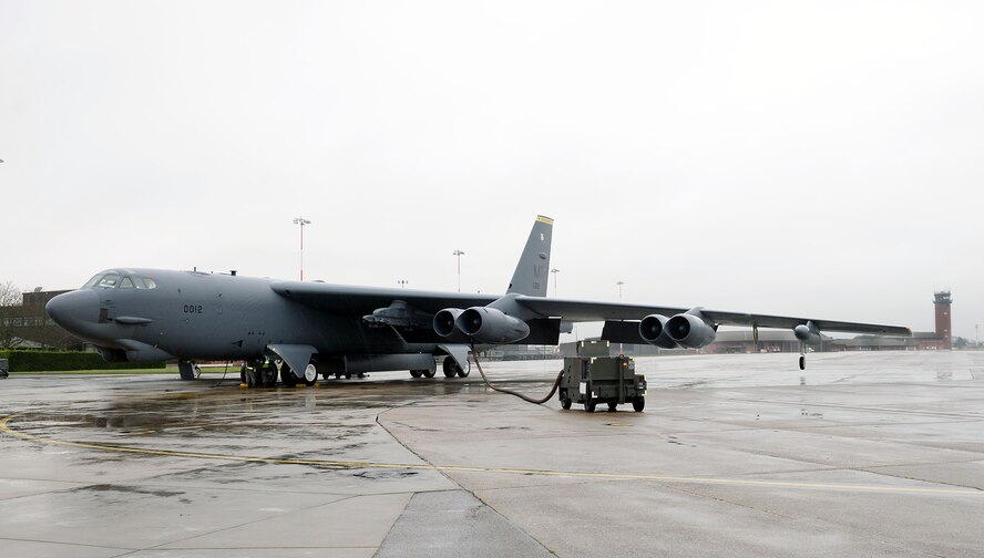 A B-52 Stratofortress, supporting a strategic bomber deployment in Europe, was diverted to RAF Mildenhall due to inclement weather Jan. 9, 2018, while en route to RAF Fairford, England. The 100th Air Refueling Wing had Airmen standing by and infrastructure available to receive the bomber aircraft until it was able to continue to its final destination. The strategic bomber is one of four B-52s from the 5th Bomb Wing, Minot Air Force Base, North Dakota, conducting theater integration and training in the United Kingdom. (U.S. Air Force photo by Karen Abeyasekere)