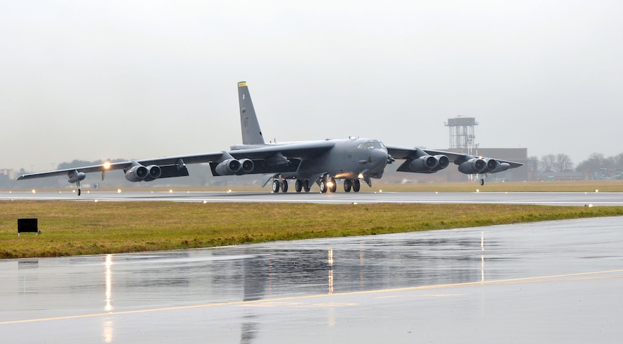 A B-52 Stratofortress, supporting a strategic bomber deployment in Europe, was diverted to RAF Mildenhall due to inclement weather Jan. 9, 2018, while en route to RAF Fairford, England. The 100th Air Refueling Wing had Airmen standing by and infrastructure available to receive the bomber aircraft until it was able to continue to its final destination. The strategic bomber is one of four B-52s from the 5th Bomb Wing, Minot Air Force Base, North Dakota, conducting theater integration and training in the United Kingdom. (U.S. Air Force photo by Karen Abeyasekere)