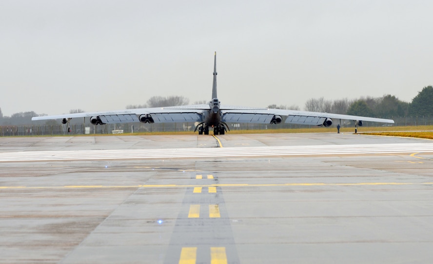 A B-52 Stratofortress, supporting a strategic bomber deployment in Europe, was diverted to RAF Mildenhall due to inclement weather Jan. 9, 2018, while en route to RAF Fairford, England. The 100th Air Refueling Wing had Airmen standing by and infrastructure available to receive the bomber aircraft until it was able to continue to its final destination. The strategic bomber is one of four B-52s from the 5th Bomb Wing, Minot Air Force Base, North Dakota, conducting theater integration and training in the United Kingdom. (U.S. Air Force photo by Karen Abeyasekere)