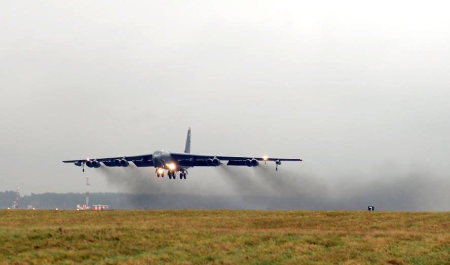 A B-52 Stratofortress, supporting a strategic bomber deployment in Europe, was diverted to RAF Mildenhall due to inclement weather Jan. 9, 2018, while en route to RAF Fairford, England. The 100th Air Refueling Wing had Airmen standing by and infrastructure available to receive the bomber aircraft until it was able to continue to its final destination. The strategic bomber is one of four B-52s from the 5th Bomb Wing, Minot Air Force Base, North Dakota, conducting theater integration and training in the United Kingdom. (U.S. Air Force photo by Karen Abeyasekere)