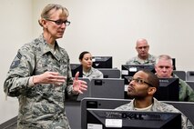 U.S. Air Force Reserve Chief Master Sgt. Kimberly Lord, superintendent, 913th Airlift Group, teaches senior non-commissioned officers how to create an Enlisted Development Plan (EDP), at Little Rock Air Force Base, Ark., Jan. 7, 2018.