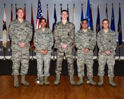 Five members of Team BLAZE were promoted to their next ranks Dec. 28, 2017 at the December Enlisted Promotion Ceremony on Columbus Air Force Base, Mississippi. Airmen in the U.S. Air Force have to work hard and diligently to earn their next rank and when they do, they are held to a higher standard than their previous rank. (U.S. Air Force photo by Sharon Ybarra)