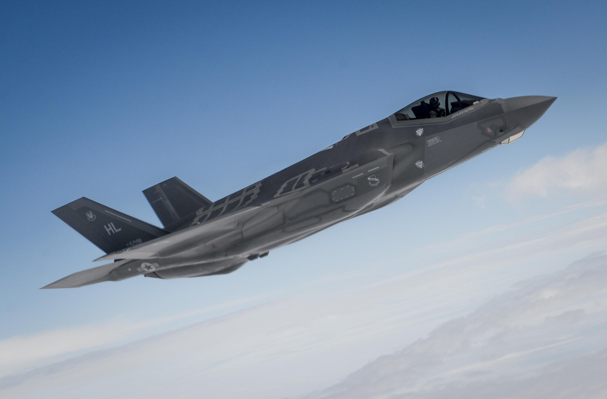 An F-35A Lightning II aircraft assigned to Hill Air Force Base, Utah, prepares to be refueled by a 459th Air Refueling Wing KC-135 Stratotanker during a flight to Graf Ignatievo Air Base, Bulgaria, April 28, 2017. Eight F-35s deployed to Royal Air Force Lakenheath, England April 15, and two forward deployed to Bulgaria for a brief time to engage in familiarization training within the European theater while reassuring allies and partners of U.S. dedication to the enduring peace and stability of the region. The F-35s are assigned to the 34th Fighter Squadron and are supported by total force Airmen from the 388th Fighter Wing, and the Air Force Reserve’s 466th Fighter Squadron, 419th Fighter Wing, Hill Air Force Base, Utah. (U.S. Air Force photo/Staff Sgt. Kate Thornton)