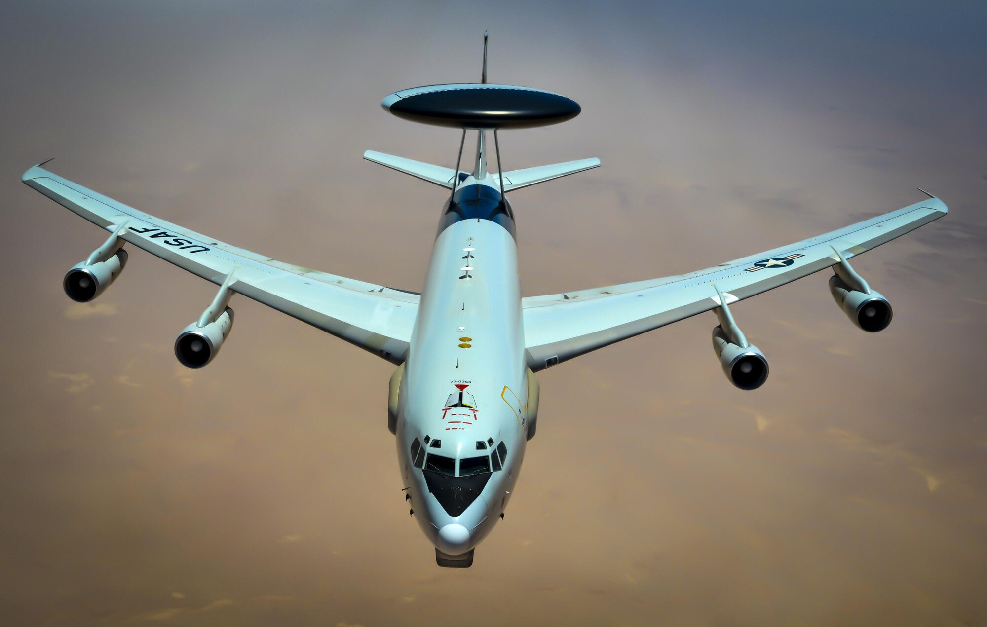 An E-3 Sentry prepares to receive fuel from a 340th Expeditionary Air Refueling Squadron KC-135 Stratotanker during a flight in support of Operation Inherent Resolve May 27, 2017. The E-3 Sentry is an airborne warning and control system aircraft with an integrated command and control battle management, surveillance, target detection, and tracking platform. (U.S. Air Force photo/Staff Sgt. Michael Battles)
