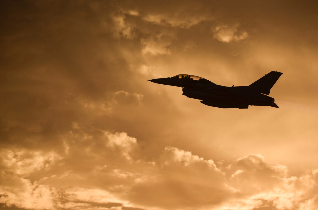 An F-16 Fighting Falcon from the 16th Weapons Squadron, Nellis Air Force Base, Nev., takes off during a U.S. Air Force Weapons School training exercise June 8, 2017. The F-16 is the current aircraft flown by the Thunderbirds, the U.S. Air Force Air Demonstration Squadron. (U.S. Air Force photo by Airman 1st Class Andrew D. Sarver)