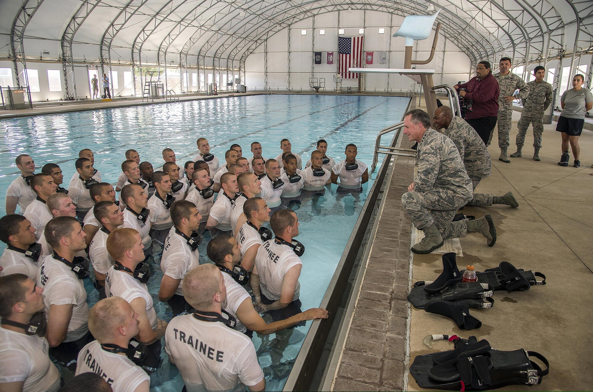 Air Force Chief of Staff Gen. David L. Goldfein and Chief Master Sgt. of the Air Force Kaleth O. Wright speak with Airmen during a tour of the Battlefield Airmen Training Group facilities, June 15, 2017, at Joint Base San Antonio-Lackland. The unit is a subordinate of the 37th Training Wing and is the first Air Force unit solely dedicated to train the service’s ground component. (U.S. Air Force photo by Johnny Saldivar)