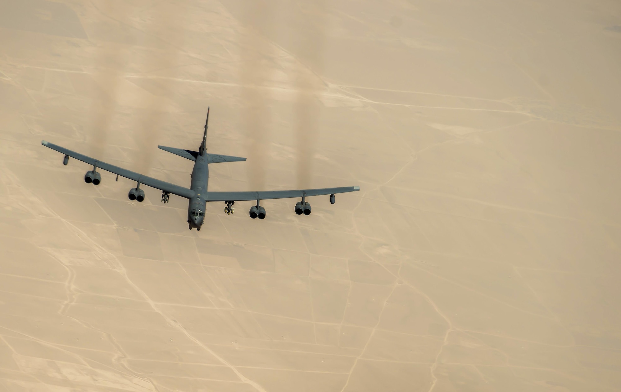 A U.S. Air Force B-52 Stratofortress approaches a 340th Expeditionary Air Refueling Squadron KC-135 Stratotanker during a flight in support of Operation Inherent Resolve, July 18, 2017. The B-52 is a long-range, heavy bomber capable of flying at altitudes up to 50,000 feet. (U.S. Air Force photo by Staff Sgt. Trevor T. McBride)