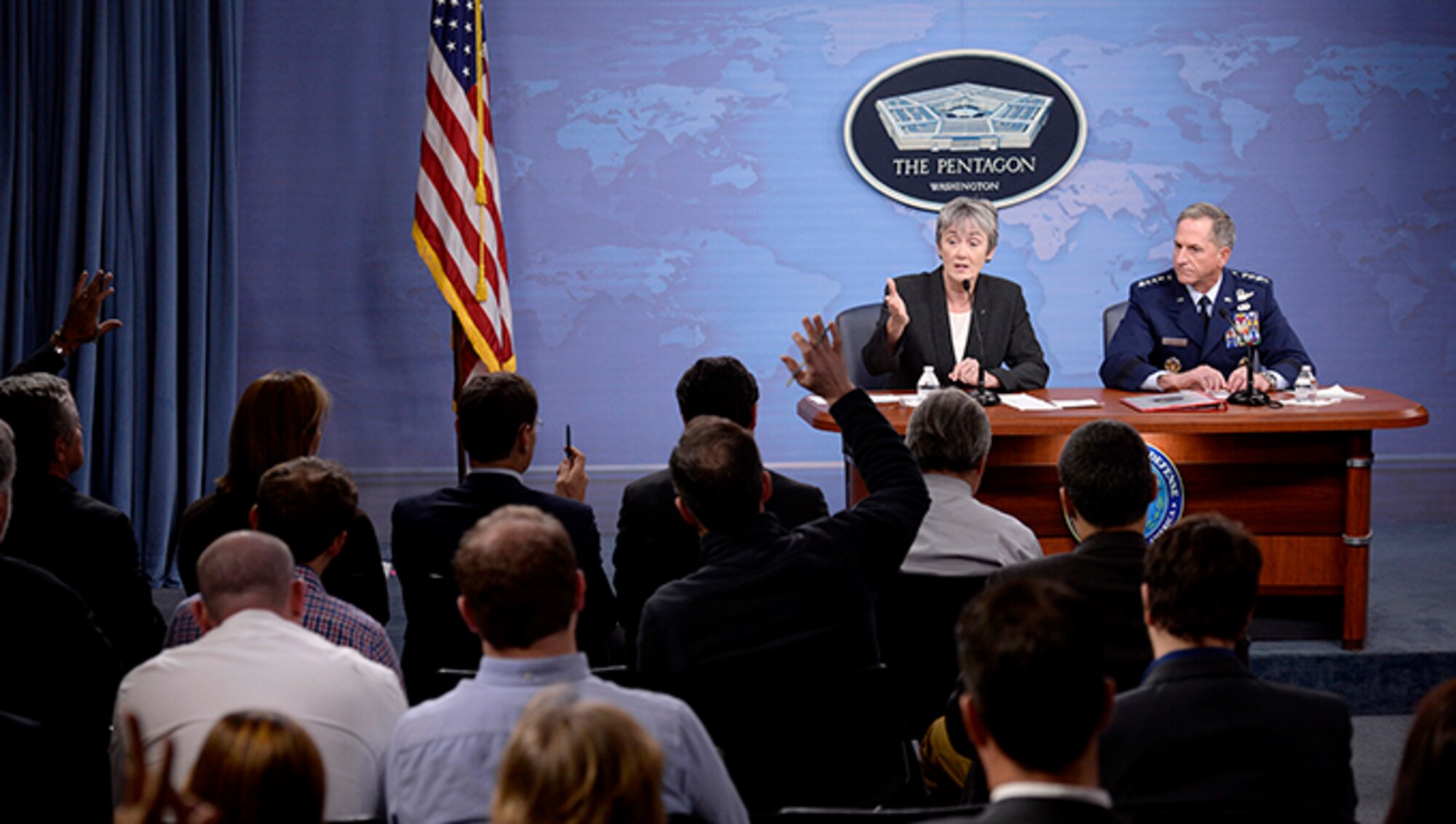 Secretary of the Air Force Heather Wilson and Air Force Chief of Staff Gen. David L. Goldfein answer questions during the State of the Air Force address at the Pentagon, Washington, D.C., Nov. 9, 2017. During the event, Air Force senior leaders addressed current Air Force topics and fielded questions from the media. (U.S. Air Force photo by Staff Sgt. Rusty Frank)