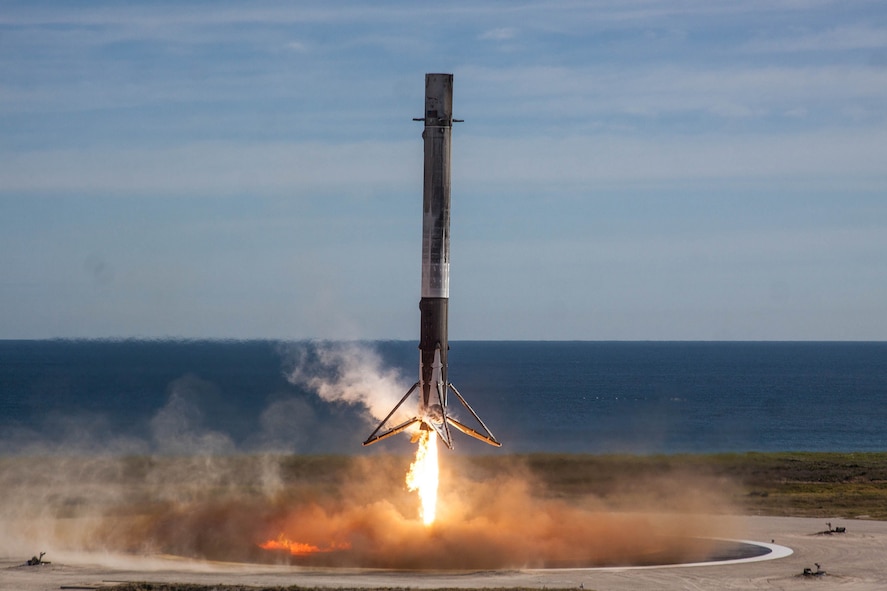 A SpaceX “flight proven” first stage booster successfully lands on Landing Zone 1, Cape Canaveral Air Force Station, Fla., Dec. 15, 2017. The 45th Space Wing supported SpaceX’s successful launch of NASA’s Commercial Resupply Mission 13 aboard a Falcon 9 rocket. (Courtesy photo by SpaceX)