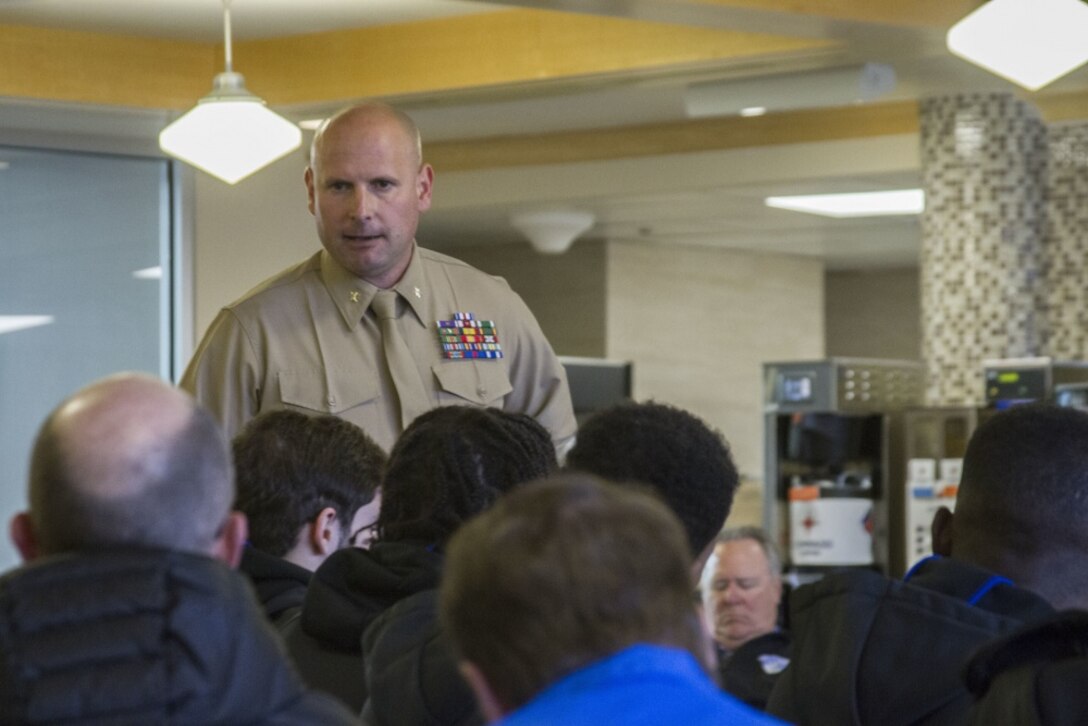 Marine Maj. Ryan B. Cohen, a Silver Star recipient, speaks to the St. Louis University Men’s Basketball Team at the National Museum of the Marine Corps in Triangle, Virginia, Jan. 11, 2018. The speech promoted comradery as well as the Marine Corps’ core values of honor, courage and commitment. Cohen received a silver star for his gallantry in Operation Enduring Freedom. (U.S. Marine Corps photo by LCpl Haley Gawronski)