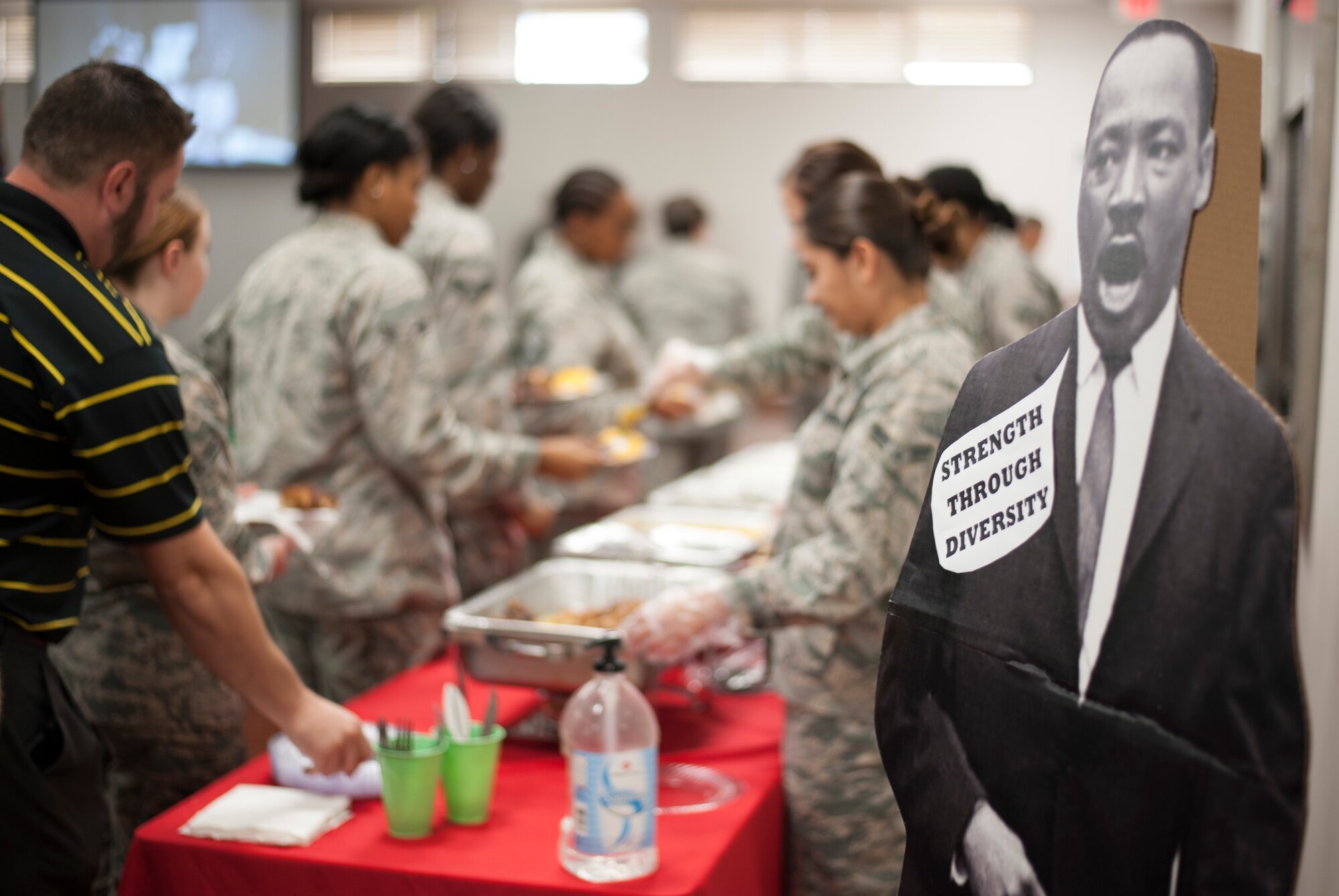 A cardboard cutout of Dr. Martin Luther King (MLK) Jr. stands on display at an MLK observance luncheon at MacDill Air Force Base, Fla., Jan. 11, 2018.