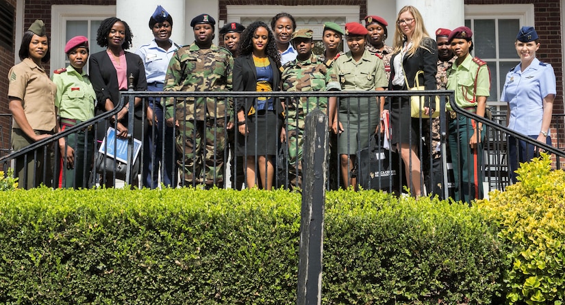 Participants in U.S. Africa Command’s Women, Peace and Security forum for female military leaders from seven African nations pose for a photo at National Defense University in Washington.