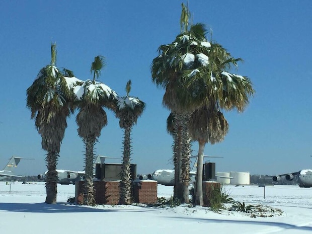 A view of the Joint Base Charleston, South Carolina ramp after winter storm Grayson dumped up to 6 inches of snow on the Lowcountry Jan. 4, 2018.