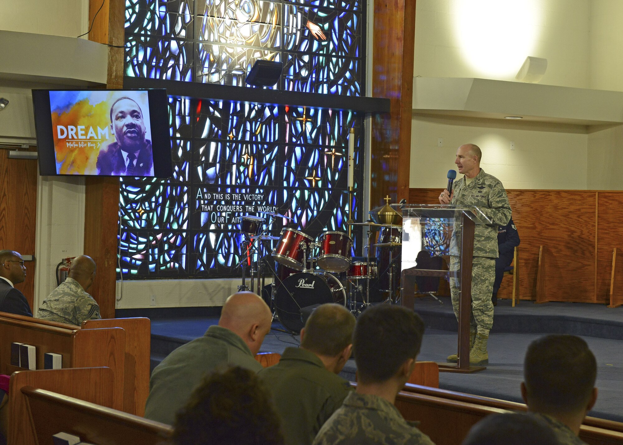 Brig. Gen. Carl Schaefer, 412th Test Wing commander, gives closing remarks at Chapel 1 to conclude Team Edwards’ celebration of Dr. Martin Luther King’s legacy Jan. 11. (U.S. Air Force photo by Kenji Thuloweit)