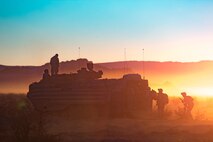 U.S. Marines with 7th Marine Regiment, 1st Marine Division (MARDIV), embark an assault amphibious vehicle during exercise Steel Knight (SK) 18 at Marine Corps Air-Group Combat Center, Twentynine Palms, Calif., Dec. 8, 2017