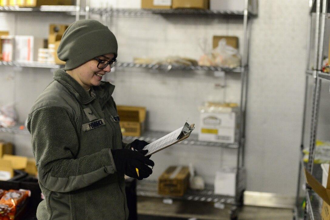 Airman 1st Class Shae Fendrick, 341st Force Support Squadron accountant and store clerk, checks freezer item inventory Jan. 12, 2018, at Malmstrom Air Force Base, Mont.