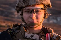 U.S. Marine Corps Lance Cpl. Paige Fischer, an electrician with 1st Combat Engineer Battalion, 1st Marine Division, holds security during a simulated amphibious breach in support of exercise Steel Knight 2018 at San Clemente Island, Calif., Dec. 6, 2017