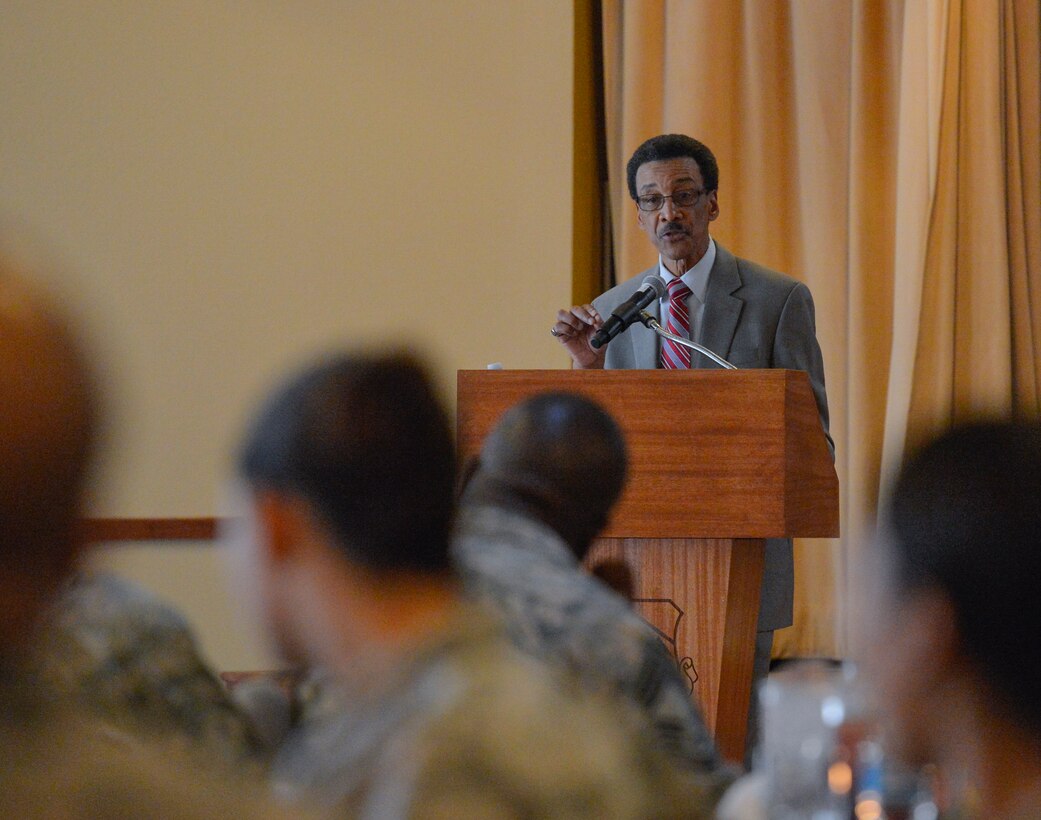 Ben Bruce, 56th Fighter Wing occupational safety manager, gives a speech during a Martin Luther King Jr. Day remembrance luncheon at Luke Air Force Base, Arizona, Jan. 12, 2018. In 1963, Bruce was 10 years old when he attended and heard Martin Luther King Jr. deliver his famous ‘I Have A Dream’ speech in Washington, D.C. (U.S. Air Force photo/Airman 1st Class Caleb Worpel)