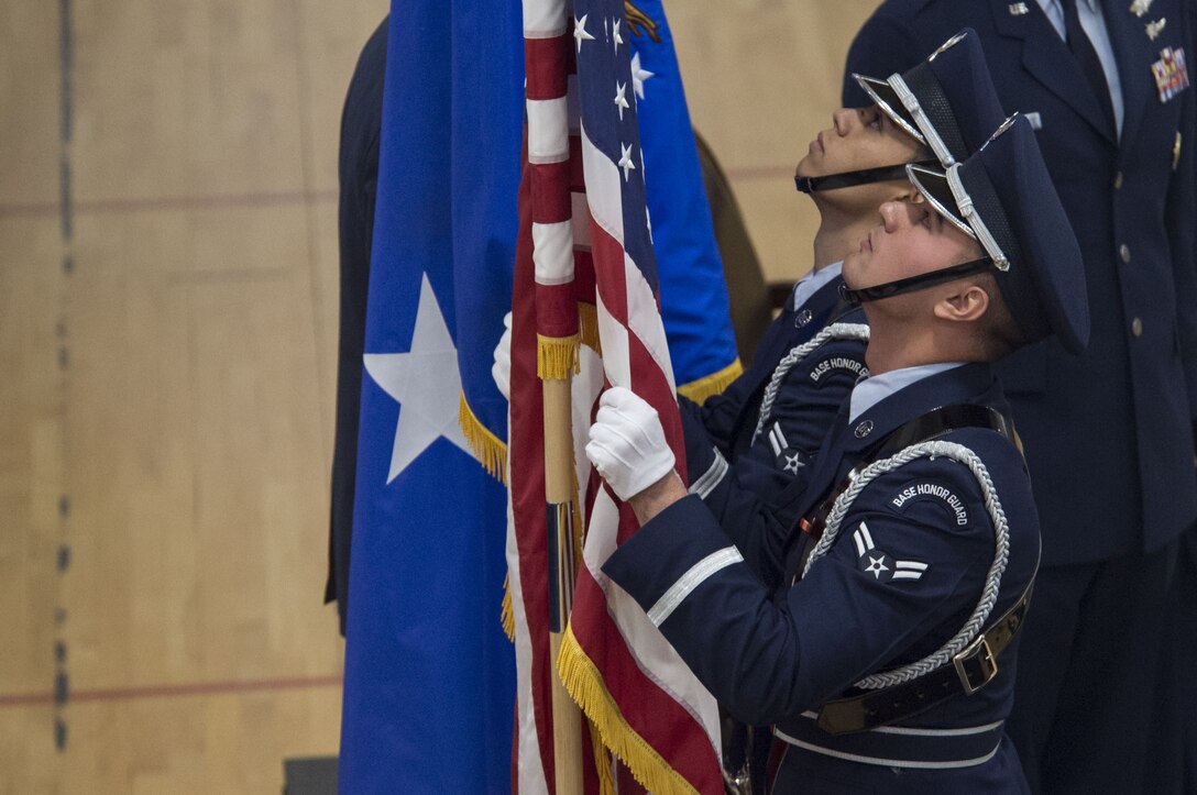 Maj. Gen. Stephen N. Whiting, 14th Air Force, Air Force Space Command; and Deputy Joint Force Space Component Commander, U.S. Strategic Command,
officiated the ceremony and provided opening remarks before awarding Col. David N. Miller with the Legion of Merit for exceptional meritorious conduct and performance of outstanding service as the commander of the 460th SW. (U.S. Air Force photo by Staff Sgt. Katrina M. Brisbin)