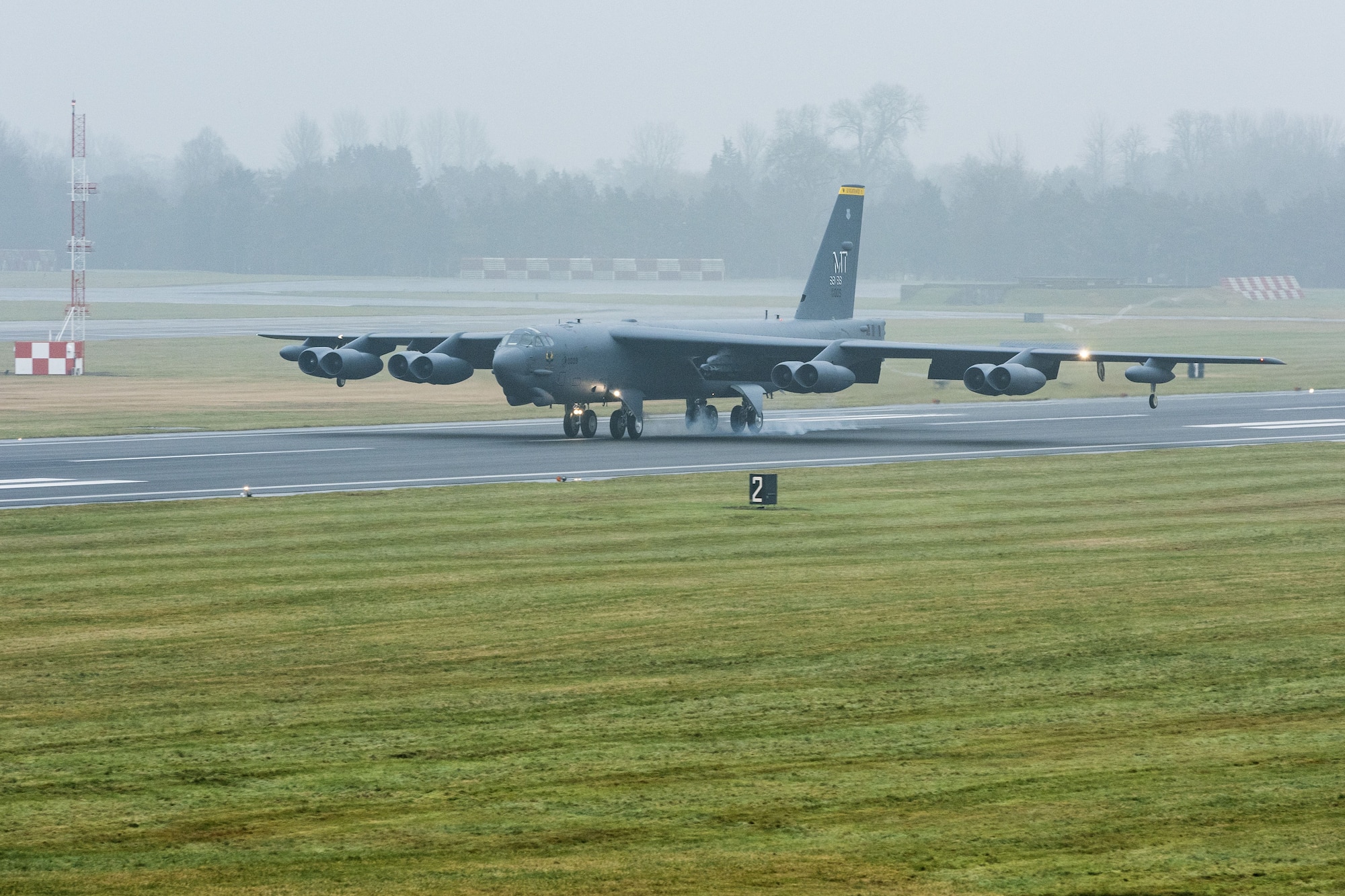 A B-52H Stratofortress assigned to Air Force Global Strike Command touches down at RAF Fairford, England, Jan. 9, 2018. The deployment of strategic bombers to RAF Fairford helps exercise the base as United States Air Forces in Europe’s forward operating location for bombers. (U.S. Air Force photo by Senior Airman J.T. Armstrong)
