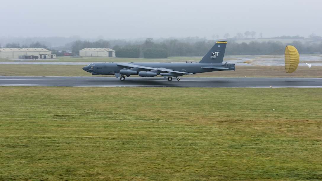 A B-52H Stratofortress assigned to Air Force Global Strike Command deploys its drauge parachute at RAF Fairford, England, Jan. 9, 2018. Aircraft, Airmen and support equipment from the 5th Bomb Wing, Minot Air Force Base, N.D., deployed to RAF Fairford, to conduct theater integration and flying training. (U.S. Air Force photo by Senior Airman J.T. Armstrong)